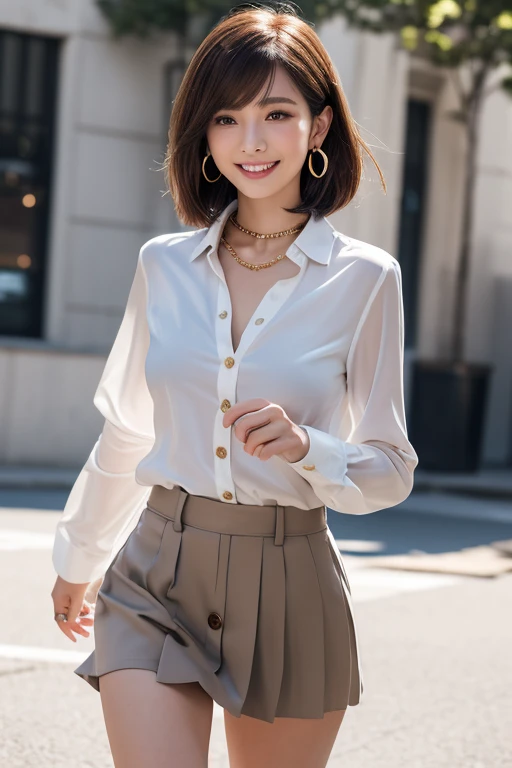 (Best Quality, 8K, masutepiece, Ultra HD: 1.3), 1girl in, agalactia ,light brown hair, Blunt bangs, hair behind ear, hair over shoulder, Long hair, slender body shape, Ultra Fine Face, Delicate lips, Beautiful eyes, Double eyelids, lipsticks, thin blush ,eyes are light brown ,perfect glossy skin,flawless skin fair white skin ,Glistening sweat,View here, Ultra-thin hands, Ultra-fine fingers, best ratio four finger and one thumb, (realisitic:1.3),Finger Extensions, the see-through white shirt, White see-through tight skirt , Slender and beautiful legs ,Low Heels. bamboo forrest、a necklace、A bracelet、耳Nipple Ring