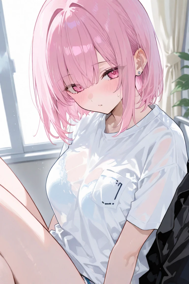 1girl, solo, short hair, bangs, hair over one eye, Alley, squatting, usu with elbows on knees, smoking in mouth, Lazy expression, V-neck T-shirts, visible bra strap, super mini skirt, visible panties, light pink color panties, small breasts, black tighhighs, white lace-up boots, ((looking out)), (dark skin), Droopy eyes, Thick eyebrows, clavicle, Plump thighs,