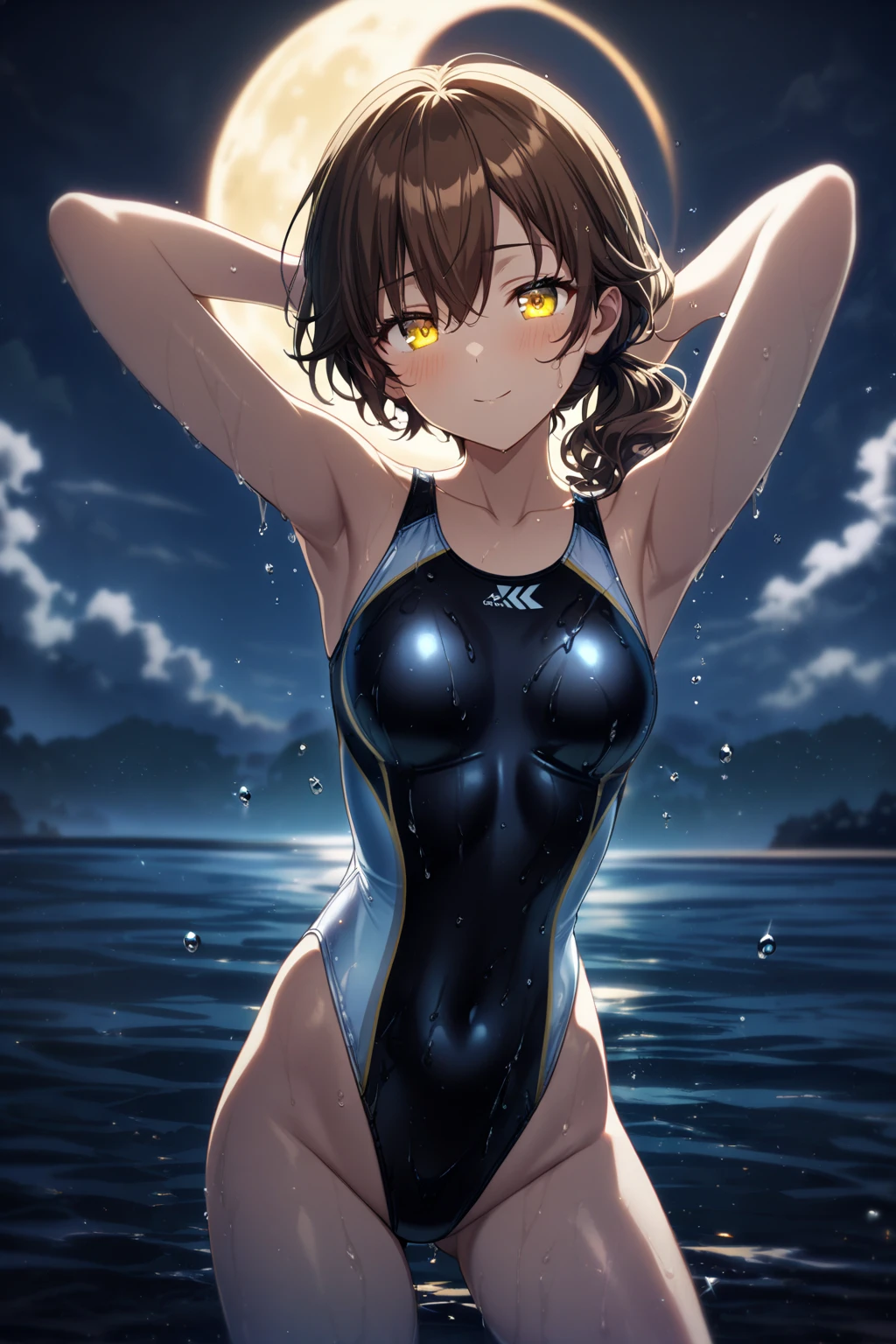 ((unity 16k wallpaper, masterpiece, best quality, ultra-detailed, extremely detailed CG, caustics, cinematic lighting, detailed, beautiful detailed eyes)), ultra high resolution, fine skin, (cute: 1.2), ( 15-year-old girl), ((old school swimsuit: 1.6)), summer sunshine, (starry sky, seaside at night: 2.0), ((writing in background)), biunt bangs, arms behind back, bent over, from behind