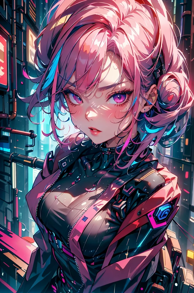  1 girl, 21 years old、bungs, blue hair,   color chip  , (Extreme close up on chest), Angle from Above, Grey Eyes,  and look at the camera,  Medium Hair, multi colored hair, parted bungs,  open lips, pink hair from 2nd floor, portrait, red eyeliner,  red lips, (cyberpunk jacket with open front), (cyberpunk dark club)、Seductive Poses、(best quality、Ultra High Definition、ULTRA VISUAL、8K)、seductive expression、 it's raining 、Ultra fine skin 、 Ultra Fine Face 、Ultra fine hair、studio light、glossy skin just before、skin all over the body wet in the rain、photorealistic、Cinematic design、slim figure、upward gaze、Watery eyes