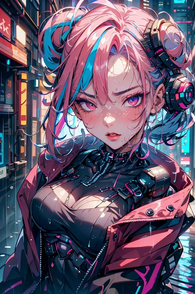  1 girl, 21 years old、bungs, blue hair,   color chip  , (Extreme close up on chest), Angle from Above, Grey Eyes,  and look at the camera,  Medium Hair, multi colored hair, parted bungs,  open lips, pink hair from 2nd floor, portrait, red eyeliner,  red lips, (cyberpunk jacket with open front), (cyberpunk dark club)、Seductive Poses、(best quality、Ultra High Definition、ULTRA VISUAL、8K)、seductive expression、 it's raining 、Ultra fine skin 、 Ultra Fine Face 、Ultra fine hair、studio light、glossy skin just before、skin all over the body wet in the rain、photorealistic、Cinematic design、slim figure、upward gaze、Watery eyes