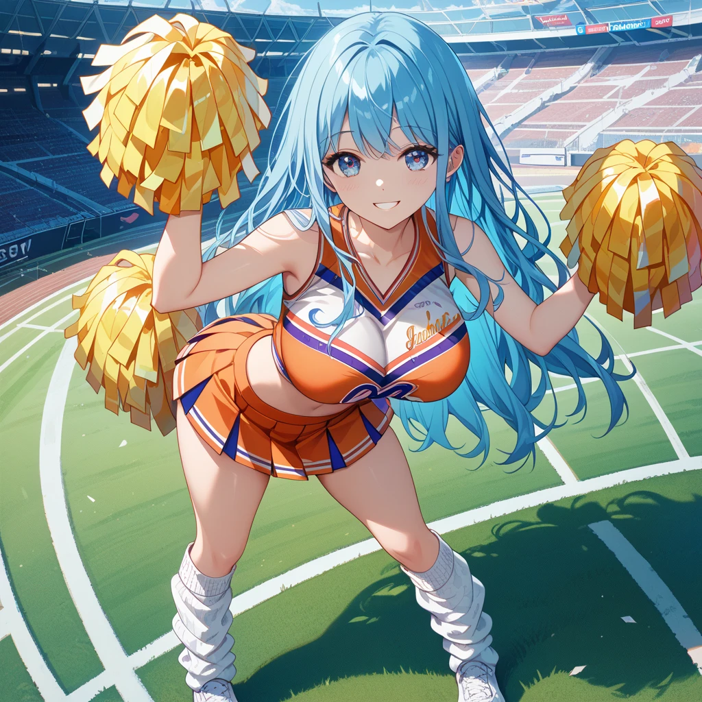 (high quality1.4), (finely detail:1.4), nsfw, 1 girl, aqua \(konosuba\), (medium breasts), ( detail erectile nipples), (((shining gold cheerleader))), ((white pleated skirt)), (cameltoe), anus, smile, ((standing on one)), ((very bright stadium:1.4)), ((solo)), (masterpiece, best quality, 8k:1.4),