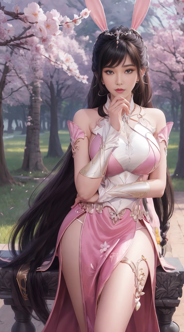 a girl with flowing hair, strong and confident, in a traditional Chinese warrior outfit, holding a sword (best quality, highres), with determined eyes and a charismatic smile (beautiful detailed eyes, beautiful detailed lips). Her face is realistic and photorealistic, capturing the essence of Mulan's spirit (ultra-detailed, realistic, photorealistic:1.37). The artwork is a mixture of illustration and 3D rendering (medium: illustration, 3D rendering). The scene is set in a beautiful cherry blossom garden, with petals falling gently from the trees, creating a dreamy atmosphere (cherry blossom garden, falling petals). The colors are vibrant and vivid, with a warm color palette that enhances the heroic feel of the image (vivid colors, warm palette). The lighting is soft and natural, with the sunlight casting a golden glow on Mulan's face and surroundings (natural lighting, golden glow). The overall image exudes strength, beauty, and femininity, celebrating both the character of Mulan and the Chinese culture she represents. Busty. low-cut. Big