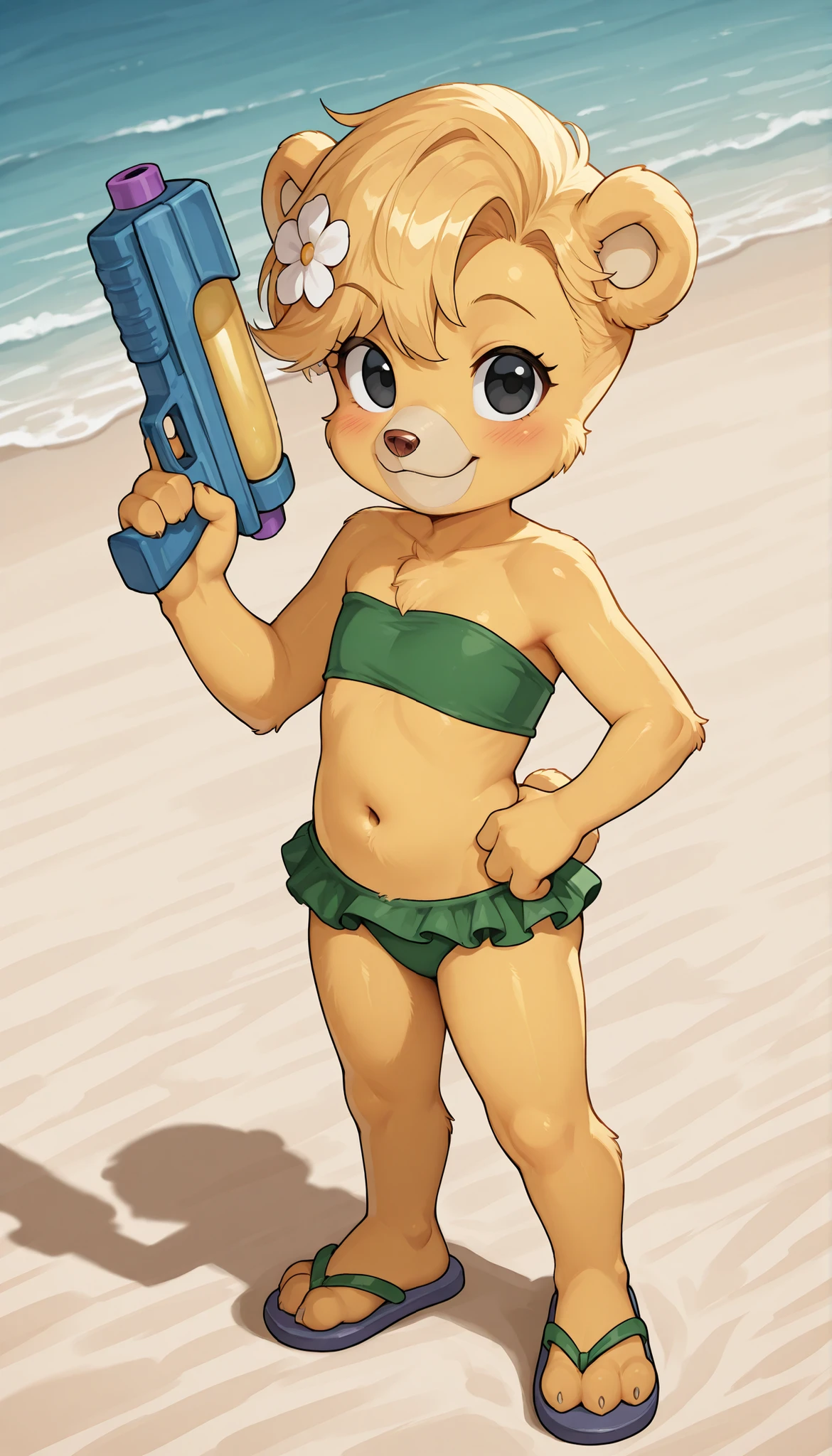 score_9, score_8_up, score_7_up, (masterpiece, best quality, very aesthetic, absurdres, source furry, artist:sakura, shaded,) 1girl, bear, furry female, Sunni Gummi, young, black eyes, smile, blush, blonde hair, messy bangs, bear features, bear ears, bear tail, yellow body fur, red animal nose, ((flower on hair, green bundeau strapless frilly bikini, flip flops)), beach on background, sassy face, anime style, glistering body, navel, shiny body, oily skin, sexy, full body, feets with three toes, action stance, holding weapon, water pistol, one hand on hip, confident, raised eyebrow, ready to fight, skinny, 
