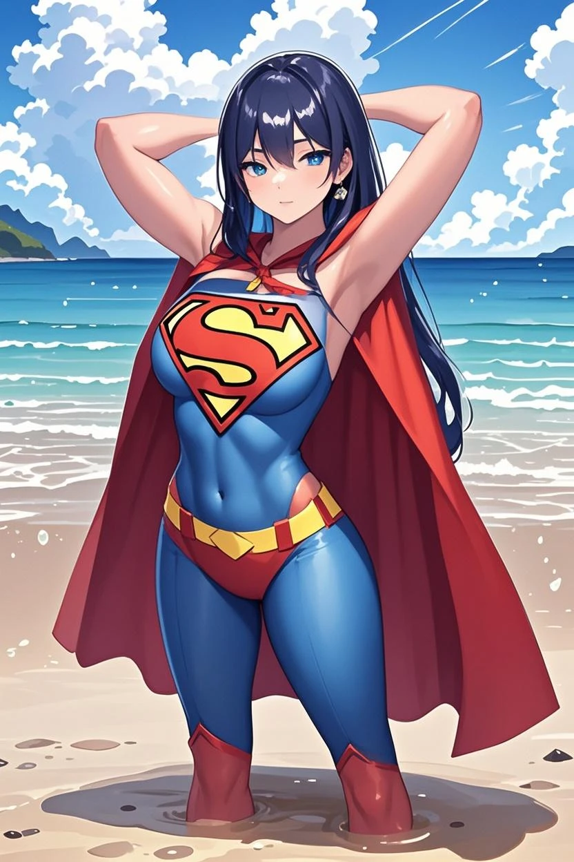 1female,46 years old,Huge breasts,Supergirl,独奏,Blue Superman uniform,the ocean, Pornographic exposure,Skysky,the night, She has long flowing black hair,Sweat profusely,hair wet,clothes wet,There is water on the body,Sateen,Bigchest, From the front side,Bare shoulders, hair straight, ,mostly cloudy sky,The camera looks from the bottom up,(((tmasterpiece),(Very detailed CG unity 8K wallpaper),best qualtiy,cinmatic lighting,detailed back ground,beatiful detailed eyes,Bright pupils,(Very fine and beautiful),(Beautiful and detailed eye description),ultra - detailed,tmasterpiece,)),facing at camera,A high resolution,ultra - detailed),standing on your feet,Very long hair,Emotive expressions,Open-mouthed,legs are open,,Chest sagging,nakeness, Protruding underparts,revealing breasts,Camel toes,with no underpants,extremely large bosom,Extremely colorful,Most detailed,fully body photo,The face is well lit,NOWAI