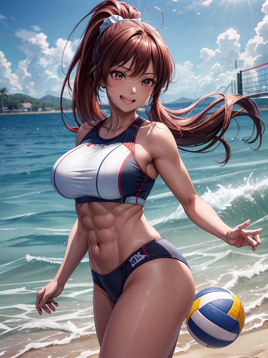 highest quality、Realistic、Women、zoom、Chestnut Hair、Blue Eyes、Twin tails、athlete、Swimwear、athlete、muscle、Abdominal muscles、Sunburned、Tan、Brown Skin、Sweat、smile、Ocean、Small breasts、Full Body、Buckshot、Turn around