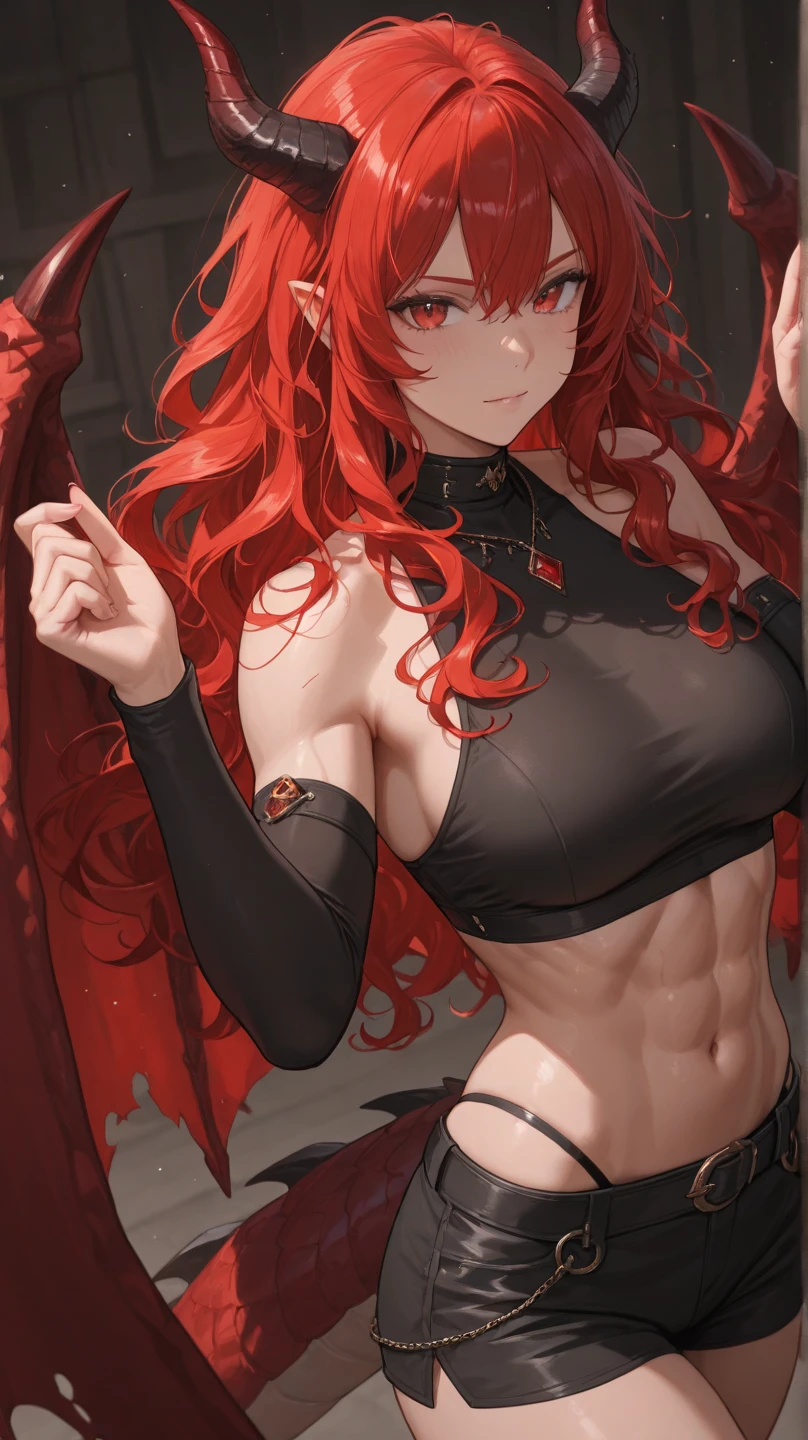 [redbowsette], [Princess_Peach], [Uploaded to rule34.xxx; (suoiresnu), (nekololisama)], ((masterpiece)), ((HD)), ((solo portrait)), ((front view)), ((anime)),  ((beautiful render art)), ((detailed shading)), ((intricate detail)), {bowsette; (athletic body), dark skin, cute red eyes, long eyelashes, long red hair, (gorgeous wide hips), (beautiful muscular legs), (thick thighs), (defined arm muscles), (defined abs), (smug smirk), (sharp white teeth)}, {(short black dress), (black bandeau), (midriff), (spike bracers), (spike choker), (red pendant on chest), (spike red earrings), (black heels), (super crown), (fishnet pantyhose), (upskirt black panties)}, {(standing), (looking at viewer), (dynamic pose)}, [Background; (castle ruins), (Volcano), (dark starry sky), (lava), (smoke)]