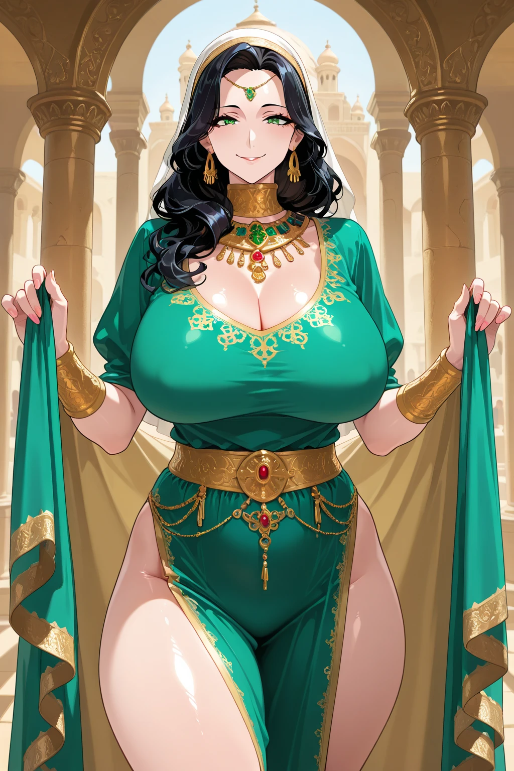 (Masterpiece), (detailed), (high res), (high quality), curvy medieval barmaid standing on the table with her back arched and drunk men watching her, green garments, black hair, (standing on table on all fours), pudgy, laying on table, (drunk men around her close), (men cant hold themselves), (giant booty seduction), (no self disciple), a lot of men