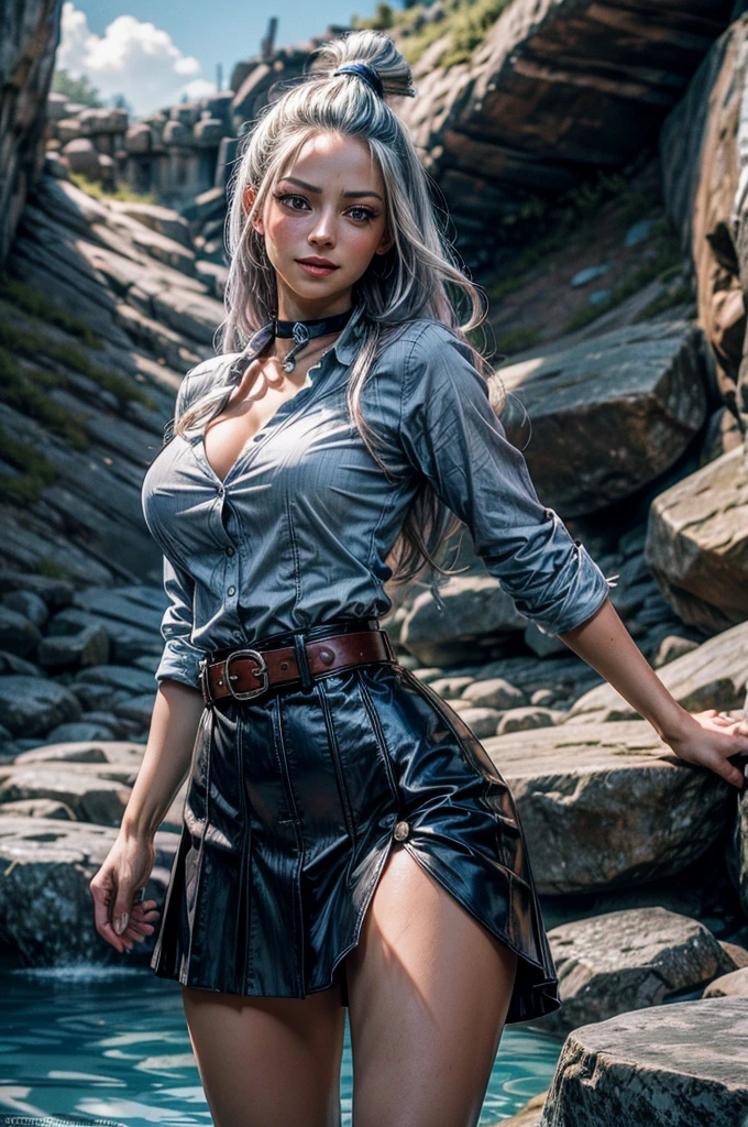 Ultra realistic, elf girl, seductive leaning forward detailed skin, ultra realistic, 16k, high quality, picture-perfect, flawless, clean, masterpiece, professional artwork, detailed artwork, cinematic lighting, cinematic bloom, realistic shading, ((silver hair)),(1girl,  beautiful korean girl),perfect face, (young:1.1),((fit figure)),((25 year old)), beautiful face, beautiful turquoise-blue eyes (cute eyes look), detail eyes, detail face, (((perfect female body, narrow waist))),(large breasts:1.3)lora:GoodHands-beta2:1>, , ((girl standing)),upper body, white and dark blue clothing (realistic texture), blade to side, strike pose,blade down,blade right hand,, cherry blossoms,, blurred background  (masterpiece, best quality, high quality, highres, ultra-detailed), different poses at different angles. 