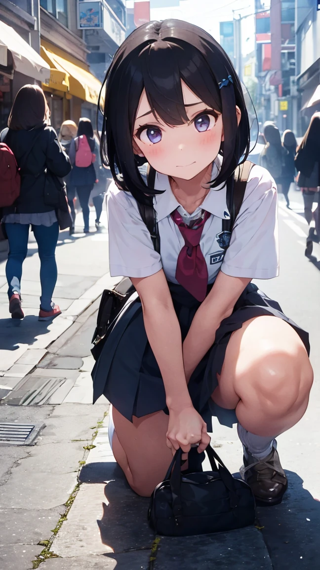 beste-Qualit, Top resolution, NSFW,One , cabelos preto e longos, School Uniforms,squatting down,a park, (frombelow),(Looking down), Foot focus,blush, Scared,be sweaty,white panties,Campread your legs apart