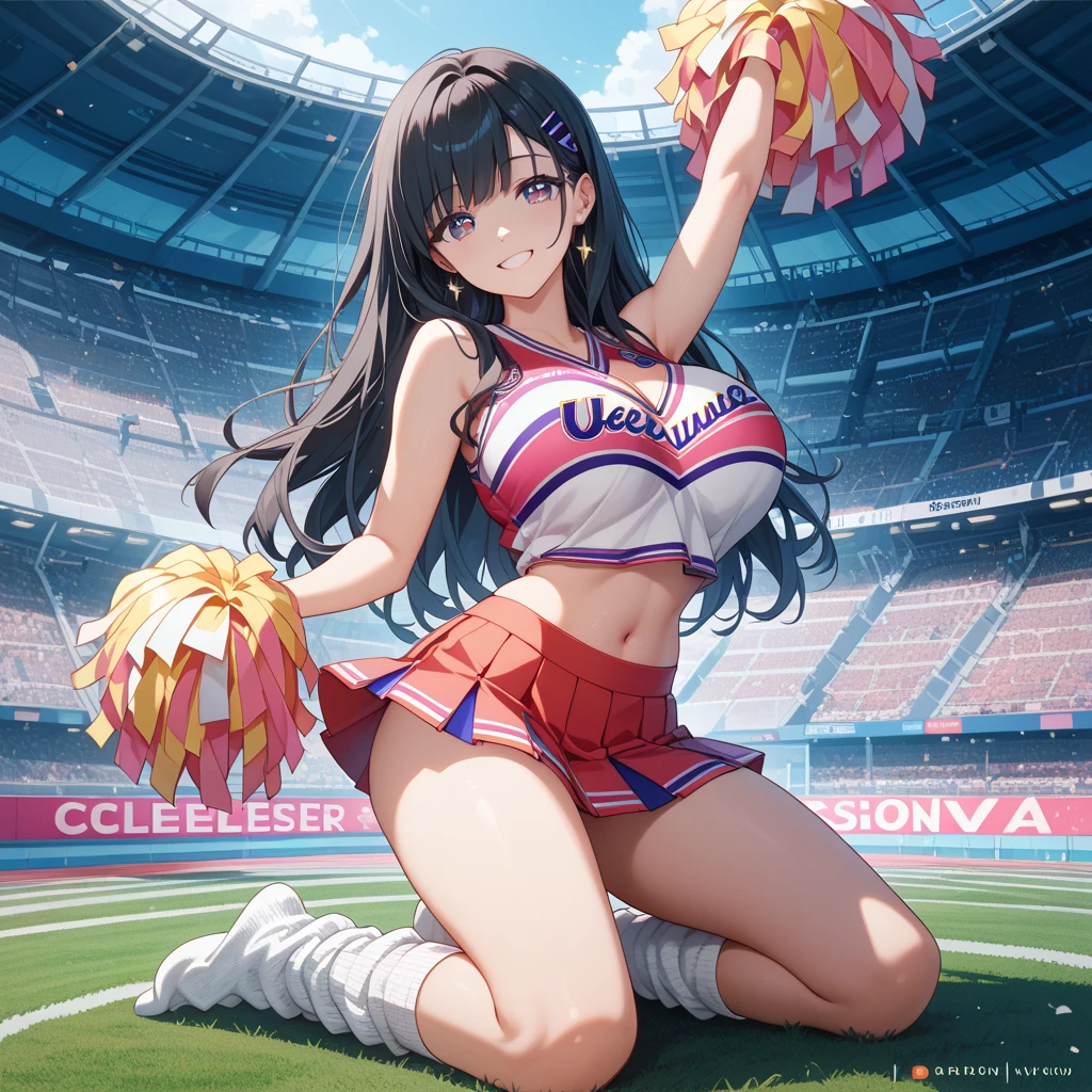 yuukikonno, yuuki konno, hair band, Long Hair, Pointed Ears, Purple Hair, (Red eyes:1.5), (Small breasts:1.2), Open your mouth wide,(Very delicate eyes), (cheer leading), (whole body),smile,blush,Lower, (Sweaty), Sweaty Wet Clothes, (Purple clothes), Pleated skirt,Black socks,sneakers,Belly-baring support, playground, (Jump), (Jump), 足を曲げてJumpする, air, blue sky, Grass原, smile,Cheerleader, Pom-pom \(cheer leading\), Grass, smile,
break looking at viewer, whole body,(Cowboy Shot:1. 5) ,
break outdoors, Stadium,crowd, people々々,
break (masterpiece:1.2), Highest quality, High resolution, unity 8k wallpaper, (figure:0.8), (Beautiful attention to detail:1.6), Highly detailed face, Perfect lighting, Highly detailed CG, (Perfect hands, Perfect Anatomy),