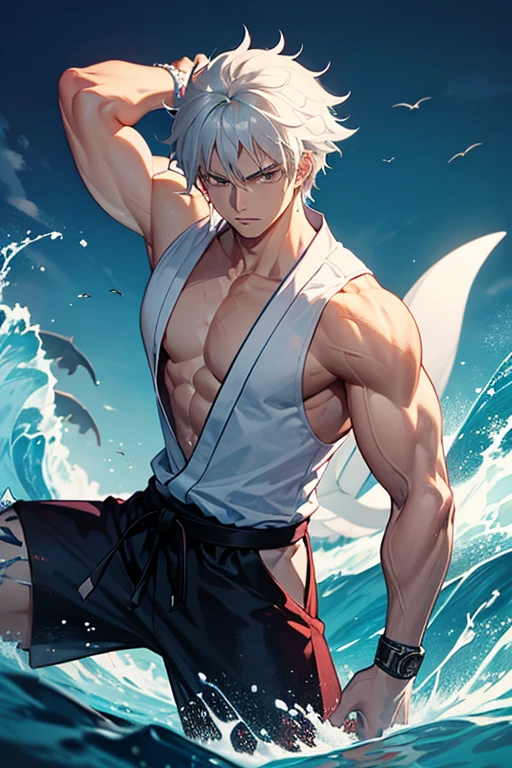 Muscular male, has flowing white hair, has wolf ears, has wolf tail, dynamic pose, shaved temples, thick stubble, has thick stubble, body hair, detailed face, at full height,