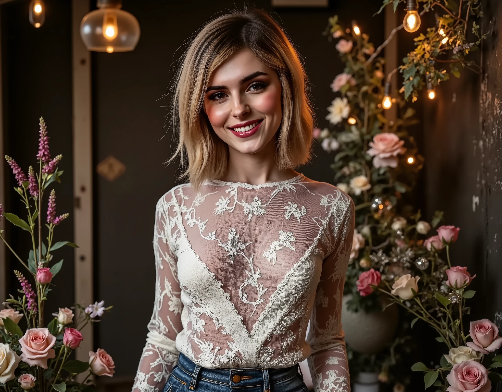 Foto hiperrealista en primer plano de smiling woman, masterpiece, best quality, happy, smile, (photorealistic:1.4), (luxury long button up lace shirt :1.15), (blue jeans:1.2), cinematic light, wavy hair, in a old abandoned factory, amber twinkle lights in background, romantic lighting, (surrounded by flowers:1,15)
