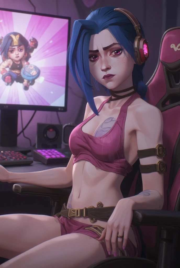 Arcane style,1girll,Arm tattoos,asymmetricalbangs,By bangs,blue hairs,(Being in a hotel,sitting in the couch,Open your legs,Long black stockings,Bigboobs,oversized boobs,Be red in the face,perspire),pigtails,cloud tattoo,looking at viewert,laughingly,frenzied,Uncontrollable laughter,Crazy look,Green hair,long whitr hair,Mid-abdomen,a pink eyes,lips in red,The shirt,独奏,Tattooed with,Double up braid,The upper part of the body,arcane bad luck,Doom\(league of legend\)