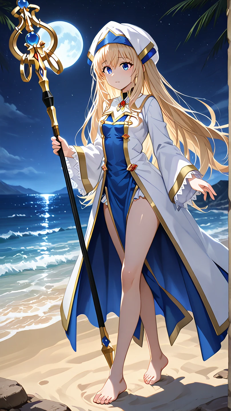 1 woman (model),long ankle length blonde hair(with bangs),green eyes,wearing a loose purple gown(exposing one leg),water color,high detail,high resolution,high quality,wallpaper,64k quality,splash art,very beautiful