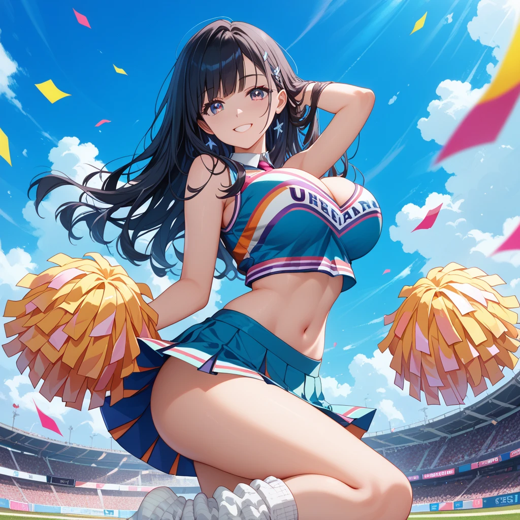 High Definition Anime 8K Wallpaper), (Very Delicate and Beautiful), (Best Quality:1.0), (Ultra High Definition:1.0), (Very Delicate Hair), (Very Delicate and Detailed Eyes)Realistic Shadows, [High Definition], Detailed Skin, (Very Delicate Eyes), (Cheerleading), (Full Body), Large Breasts, Lower, (Sweaty), Sweaty Wet Clothes, (Yellow Clothes), Miniskirts, Navel Dashi Cheer, Playground, (Jump), (JUMP), jumping with bent legs, air, blue sky, meadow, smile
