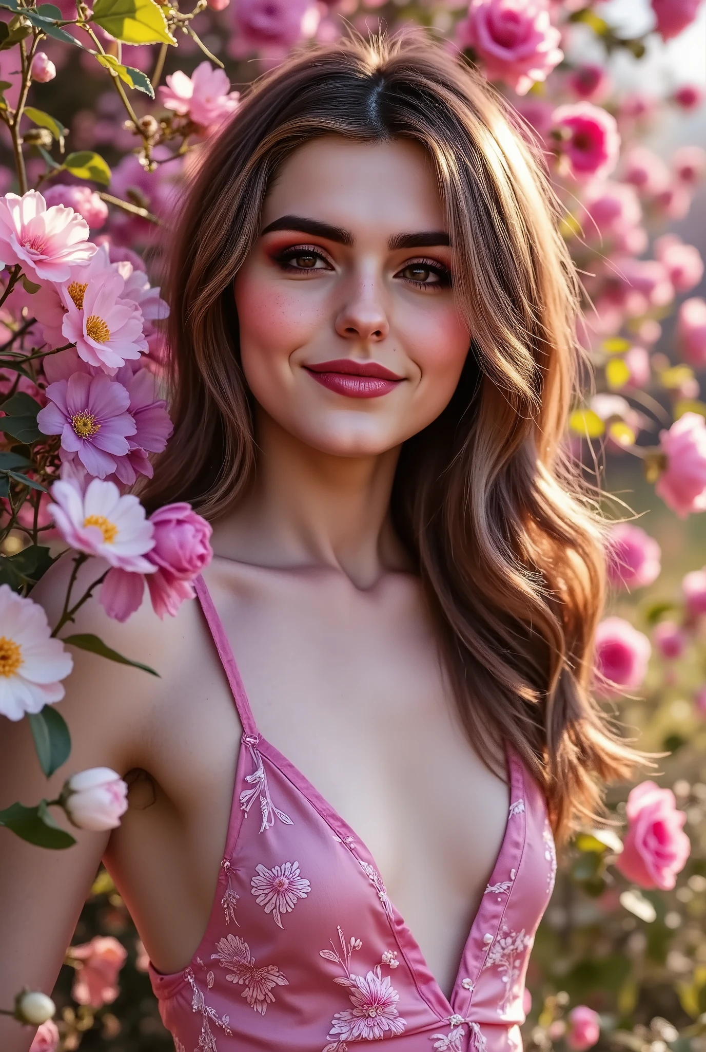 a close up of a woman in a pink dress in a field of flowers, dressed in a pink dress, pink dress, sundress, dressed in a flower dress, wearing pink floral gown, wearing sundress, wearing a pink dress, opened dress, pink girl, beautiful girl, summer dress, brunette goddess, flowery dress
