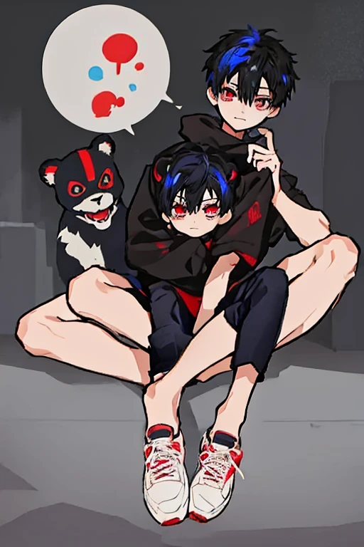 one boy only, sharp big cat ears, cat tail, big black messy hair, black eyes, masterpiece, vibrant, kneesocks, black choker, collar, flushed cheeks, blushing, chained up on bed, restrained, solo, embarrassed, black crop top, closeup, sweaty, pale skin, thin, very skinny, scrawny, dark eyes, begging, detailed eyes, short skirt, full body