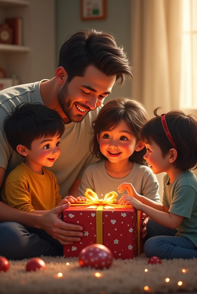 The Arapei family sat on the bed，Holding a gift in front of the Christmas tree, giving gifts to people, Gifts, warm and joyful atmosphere, festivity, birthday wrapped presents, shutter inventory, families playing, Festive atmosphere, gifts, Holiday, Happy family, exclusive, holding gift, close up photograph, Children, family photos, Gamine, alternate angle, stockphoto