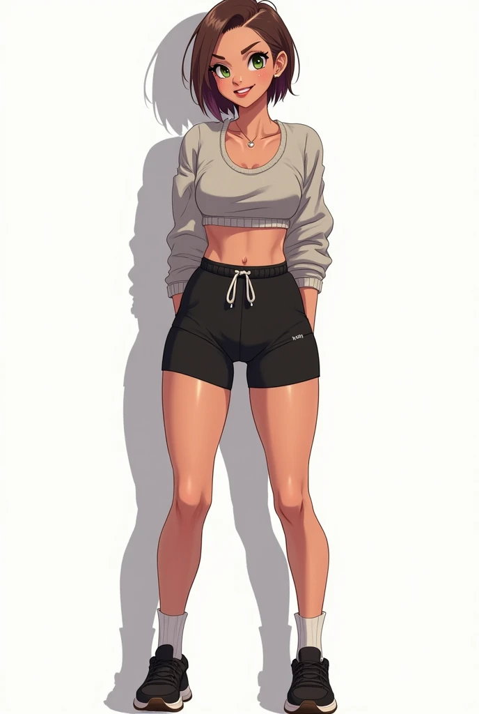 1 girl, short, mullet, white hair, white eyelashes, purple eyes, Japanese, white skin, large breast, full body, fit body, black sports bra, white crop hoodie, leggings, ankle shoes