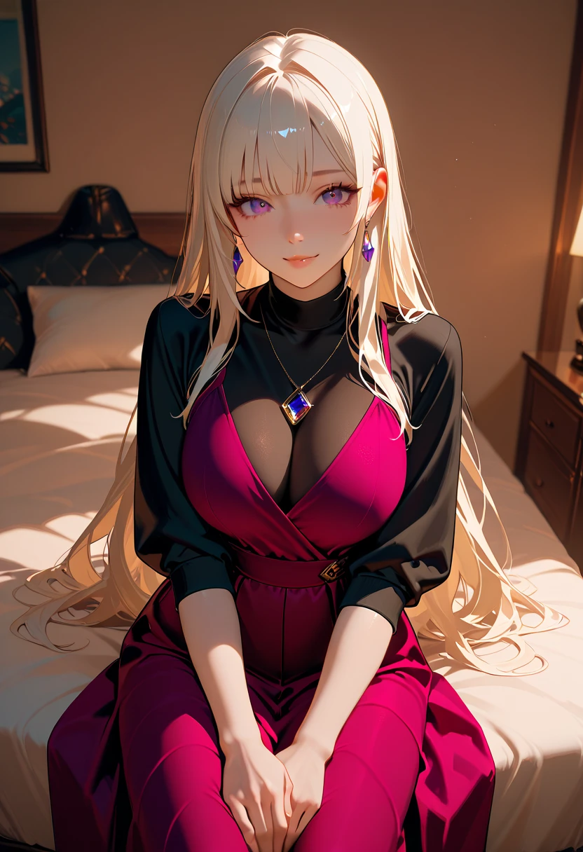 PurpleTop_InoYamanaka_ownwaifu,
1girl, blonde hair, hair over one eye, blue eyes, high ponytail, ponytail, very long hair, hair scrunchie, long hair, hair ornament, earrings, breasts, large breasts, red scrunchie, necklace,
long shirt, sleeveless, bare shoulders, purple skirt, purple shirt, purple dress, sleeveless shirt, bracelet,
<lora:NARUTO_Kunoichi_InoYamanaka_ownwaifu:0.7> ,
((masterpiece)),((best quality)),(highres), bokeh, depth_of_field, bed, indoors,
