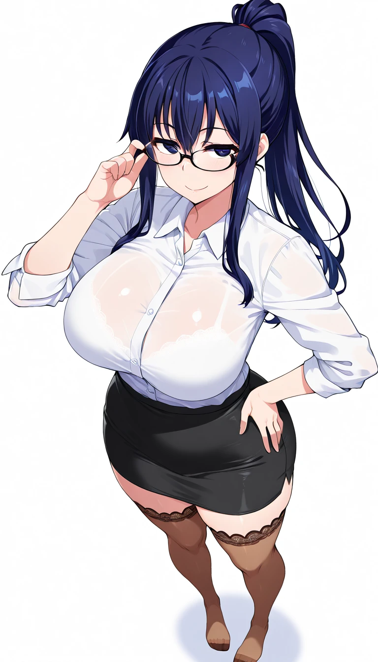 1girl, <lora:Hinata_Aki_V3:0.8>, hinata_aki, mature female, glasses, rimless eyewear, round eyewear, blue eyes, blue hair, cowboy shot, black bra, black choker, black pantyhose, bra visible through clothes, high-waist skirt, office lady, panties, panties under pantyhose, pantyhose, partially unbuttoned, pencil skirt, see-through shirt, shirt tucked in, wet shirt, white panties, sitting, crossed legs, office, from below,