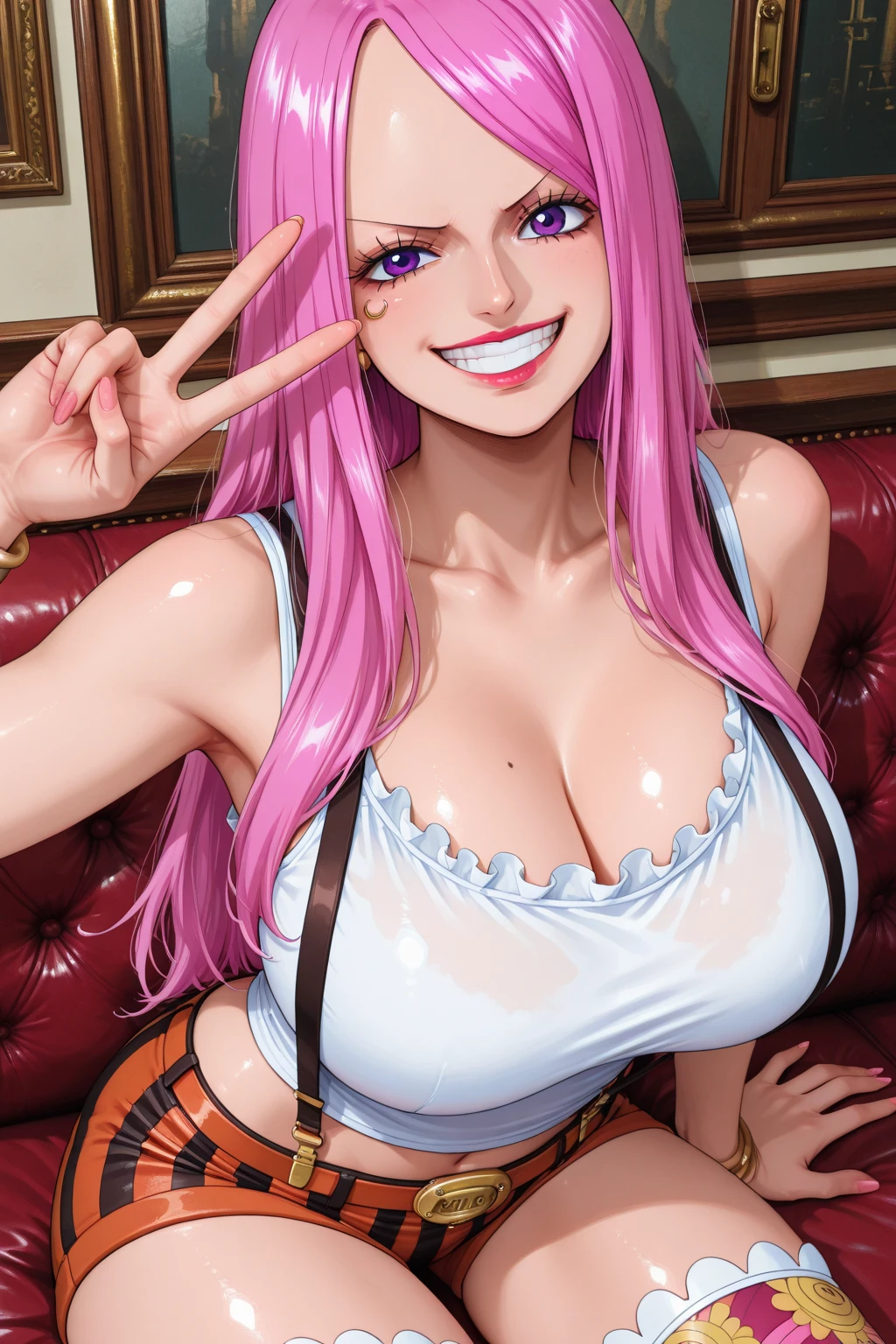 an animation of a beautiful boondocks style female melanin bratz, long eyelashes, long braided pink braided hair, Pink bikini top, leather jacket, short jeans curto rasgado, tatuagens, bebendo uma cerveja em um bar, much more curvier hips. same exact body position.poster, cinemactic, anime