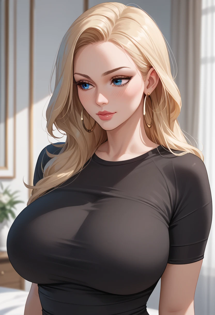 sexy blonde, 30 years old, top figure, big breasts, beautiful neckline in a tight t-shirt, sexy, gta painted image