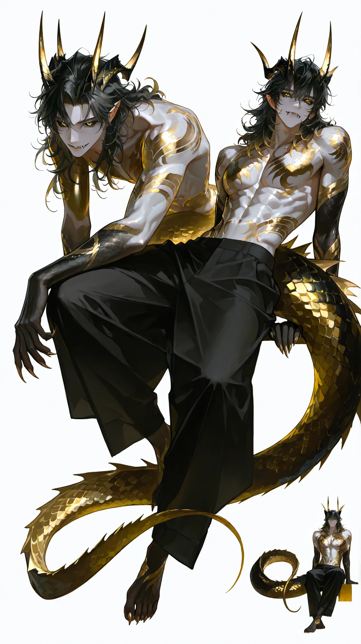Medusa is a handsome Korean man, six pack, with a black snake body ((no legs)), a man with a half snake body ((waist down you see the body of a snake. Greek mythology background.