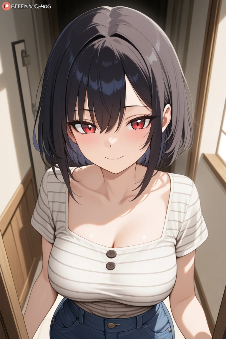 looking up, Shooting from above、mature female、big breasts, Upper Body, (pale skin:1.2), shiny skin, shiny hair、(A woman in her 40s) and (bob cut) and (wavy hair) and (hair between eyes) and (black hair) and (red eyes), (white) and (off shoulder blouse) 、smile, open mouth, Alone、Are standing、The background is the living room