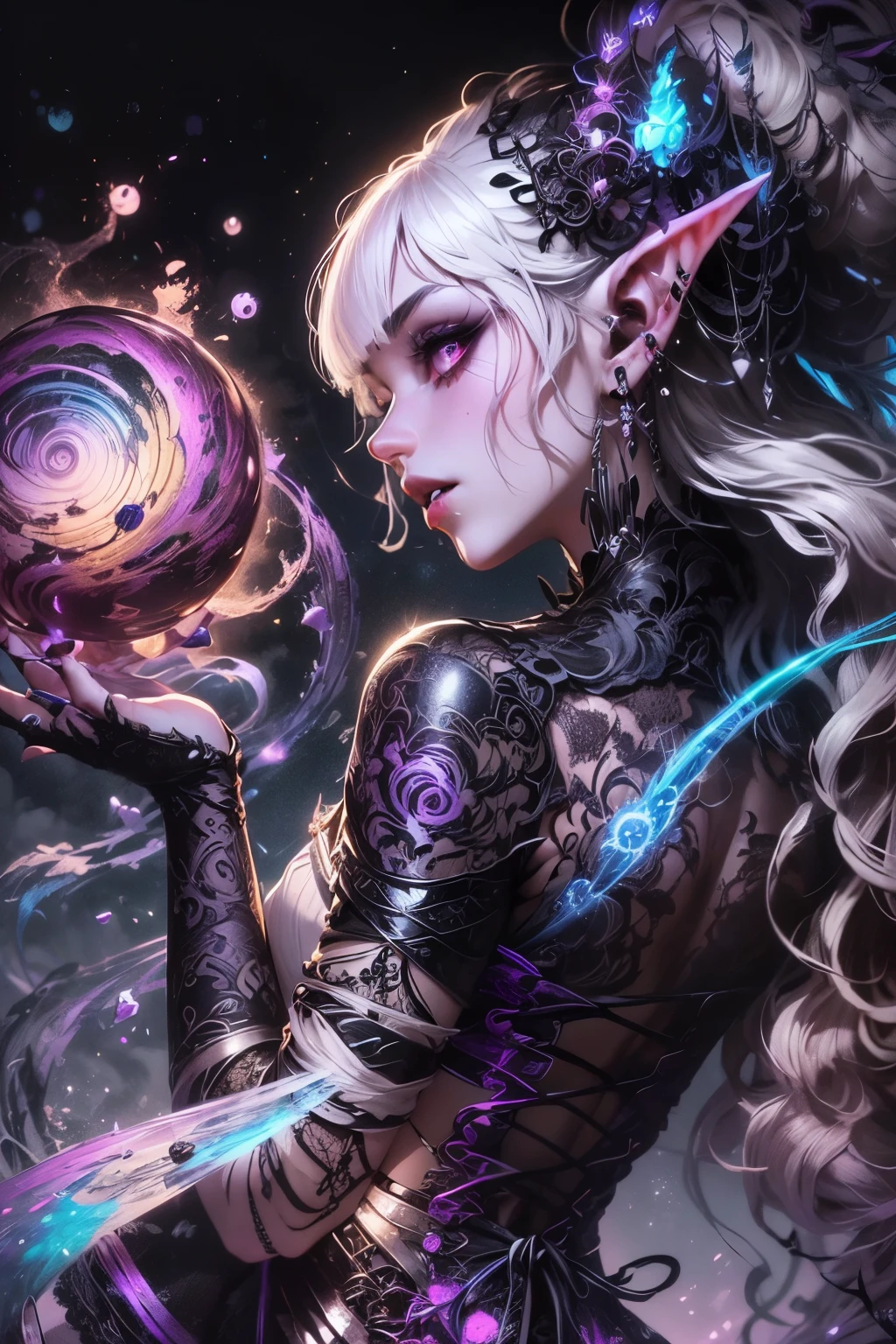 (Ultra-detailed face, Looking Away, Gothic Illustration, Dark Tone Colors. One thumb and four fingers.) , BREAK 
(A female dark elf mystic stands at an angle, twisting her body in a large motion, holding an orb with a rippling rainbow trapped inside it in one hand and holding it up in front of her, manipulating her rainbow-colored aura with the other hand to clothe her entire body. She wears a black and white lace-up dress and laced sandals with a downcast expression. Particles of rainbow-colored light drift across the screen.) , BREAK 
(The female young dark elf has white hair and white eyebrows, blunt bangs, medium hair to her shoulder, small pink lips, dark purple skin, and dark eyeliner.)