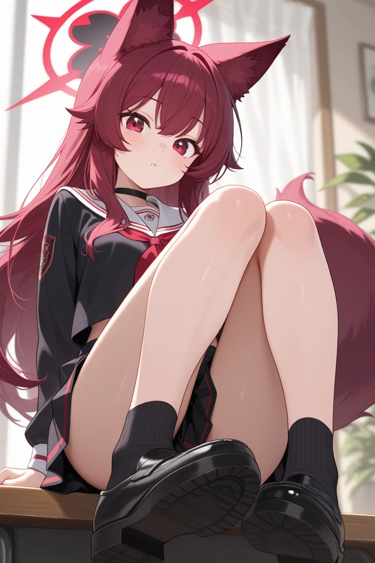 1 girl, hu tao, sitting down, legs spread apart