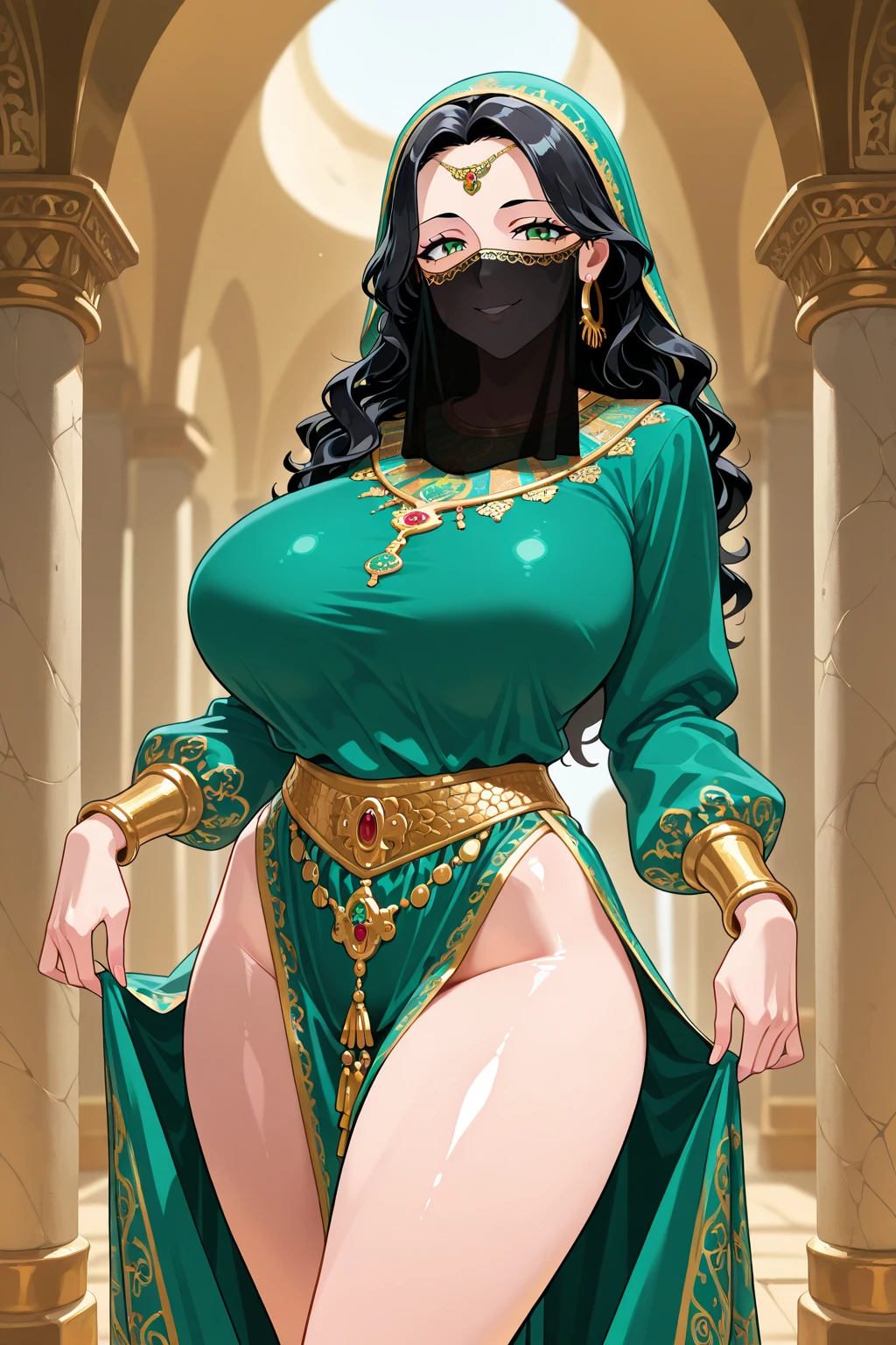 An Arabic Muslim woman kneels in a mosque, devoutly praying with her head bowed down. She wears black silky Hijab and a radiant bikini underneath that reveals her huge breasts through the sheer fabric. Her red lips are painted with polished nails as she pleads to God for forgiveness. The vibrant green gttring on her body adds an exotic touch to this scene while cinematic lighting creates dramatic shadows that highlight every detail of her curvaceous figure - from the polished nails on her fingers to the black stockings clad legs that seem ready to move at any moment. This high-resolution image showcases professional quality photography skills combined with unreal engine-level details, making it a true masterpiece worthy of admiration.
