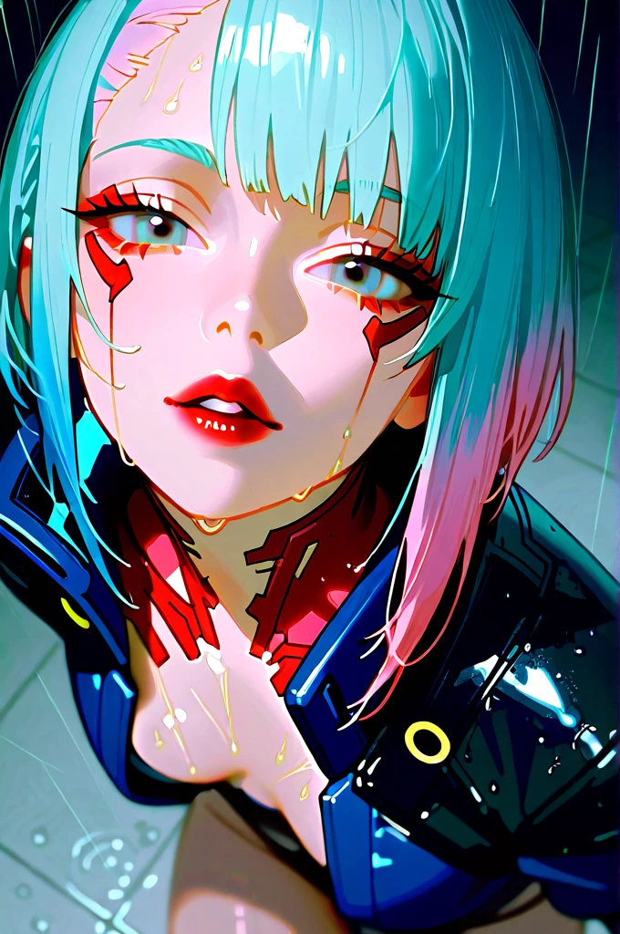  1 girl, 21 years old、bungs, blue hair,   color chip  , (Extreme close up on chest), Angle from Above, Grey Eyes,  and look at the camera,  Medium Hair, multi colored hair, parted bungs,  open lips, pink hair from 2nd floor, portrait, red eyeliner,  red lips, (cyberpunk jacket with open front), (cyberpunk dark club)、Seductive Poses、(best quality、Ultra High Definition、ULTRA VISUAL、8K)、seductive expression、 it's raining 、Ultra fine skin 、 Ultra Fine Face 、Ultra fine hair、studio light、glossy skin just before、skin all over the body wet in the rain、photorealistic、Cinematic design、slim figure、upward gaze、Watery eyes