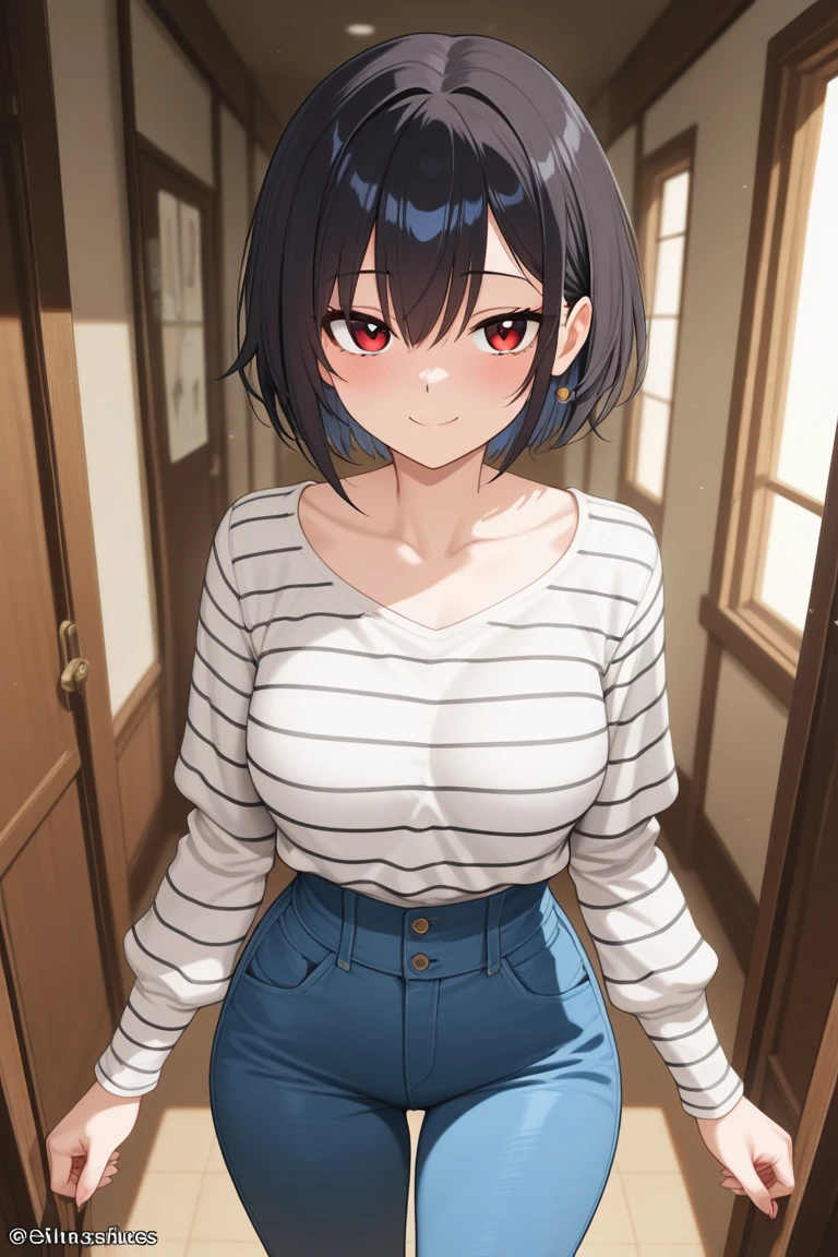 5uguh4, 1girl in, Solo, Kirigaya Suguha, Black hair, Short hair, Jacket, Open jacket, Short shorts, Shirt, Black eyes, Red jacket, Black shirt, Blue shorts, medium breasts, Bangs,look at viewer ,a smile
