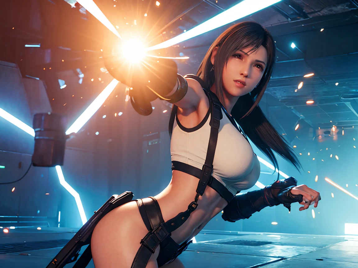 Tifa semidesnuda, cuerpo entero, pose sensual, culo redondo, big breasts and light brown eyes. 8K, mejor calidad, obra maestra