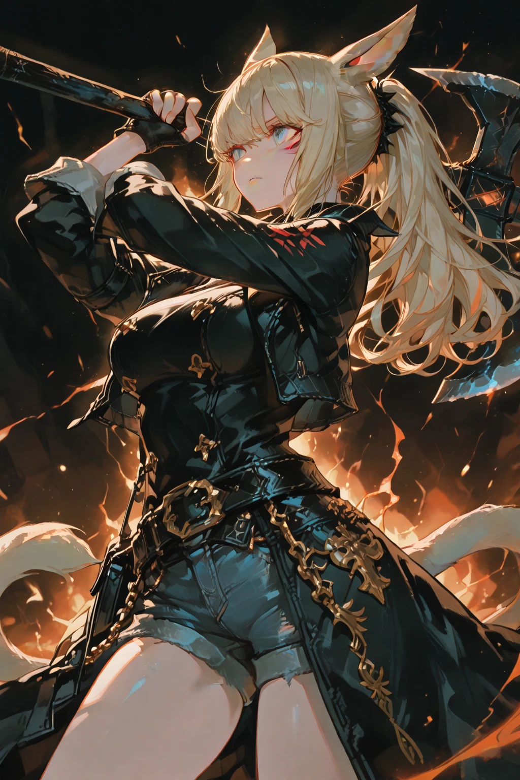  blonde, green eyes, anime, demon cleaving blade. there&#39;s a guy nearby, birch eyes, black hair