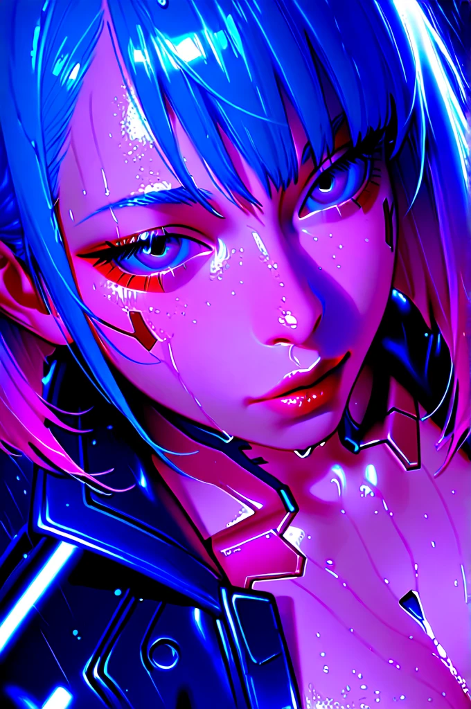  1 girl, 21 years old、bungs, blue hair,   color chip  , (Extreme close up on chest), Angle from Above, Grey Eyes,  and look at the camera,  Medium Hair, multi colored hair, parted bungs,  open lips, pink hair from 2nd floor, portrait, red eyeliner,  red lips, (cyberpunk jacket with open front), (cyberpunk dark club)、Seductive Poses、(best quality、Ultra High Definition、ULTRA VISUAL、8K)、seductive expression、 it's raining 、Ultra fine skin 、 Ultra Fine Face 、Ultra fine hair、studio light、glossy skin just before、skin all over the body wet in the rain、photorealistic、Cinematic design、slim figure、upward gaze、Watery eyes