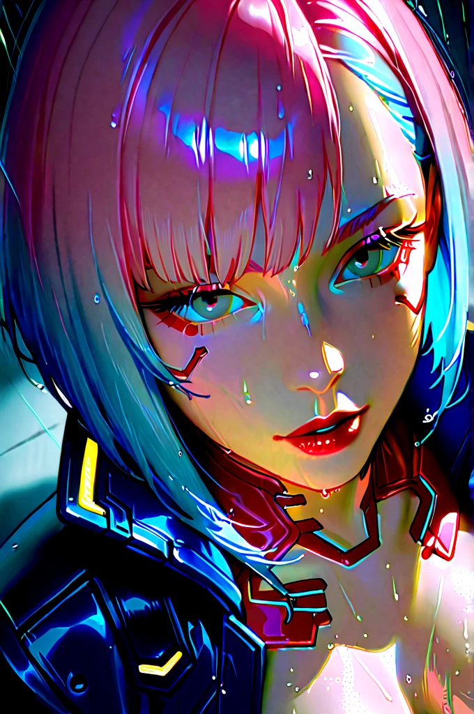  1 girl, 21 years old、bungs, blue hair,   color chip  , (Extreme close up on ), Angle from Above, Grey Eyes,  and look at the camera,  Medium Hair, multi colored hair, parted bungs,  open lips, pink hair from 2nd floor, portrait, red eyeliner,  red lips, (cyberpunk jacket with open front), (cyberpunk dark club)、Seductive Poses、(best quality、Ultra High Definition、ULTRA VISUAL、8K)、seductive expression、 it's raining 、Ultra fine skin 、 Ultra Fine Face 、Ultra fine hair、studio light、glossy skin just before、skin all over the body wet in the rain、photorealistic、Cinematic design、slim figure、upward gaze、Watery eyes