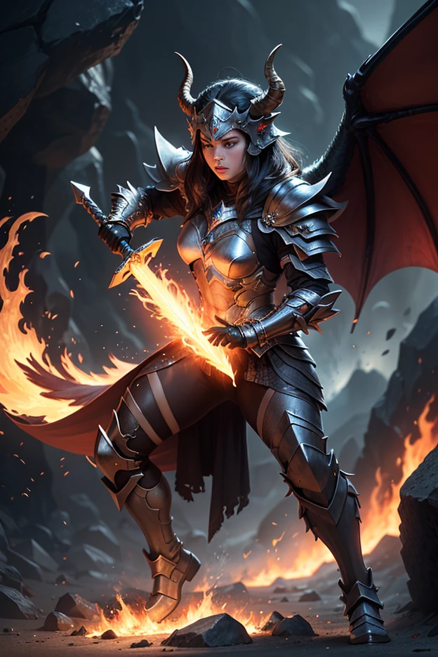 Cinematic effects, black and red demon armor, strong luster of armor, murderous armor style, with devil ornaments, exaggerated devil horns, spikes, and its complex armor, exaggerated huge devil wings, visual impact, holding a square halberd, battle posture display, motion photography, distant Athena statue, perfect details, 8K, top painting, scene magic, outdoor photography, concept art, epic composition, with HD details, metallic texture and tension composition, hyper-realistic, ultra-realistic, rich in detail, 3D. C4D,