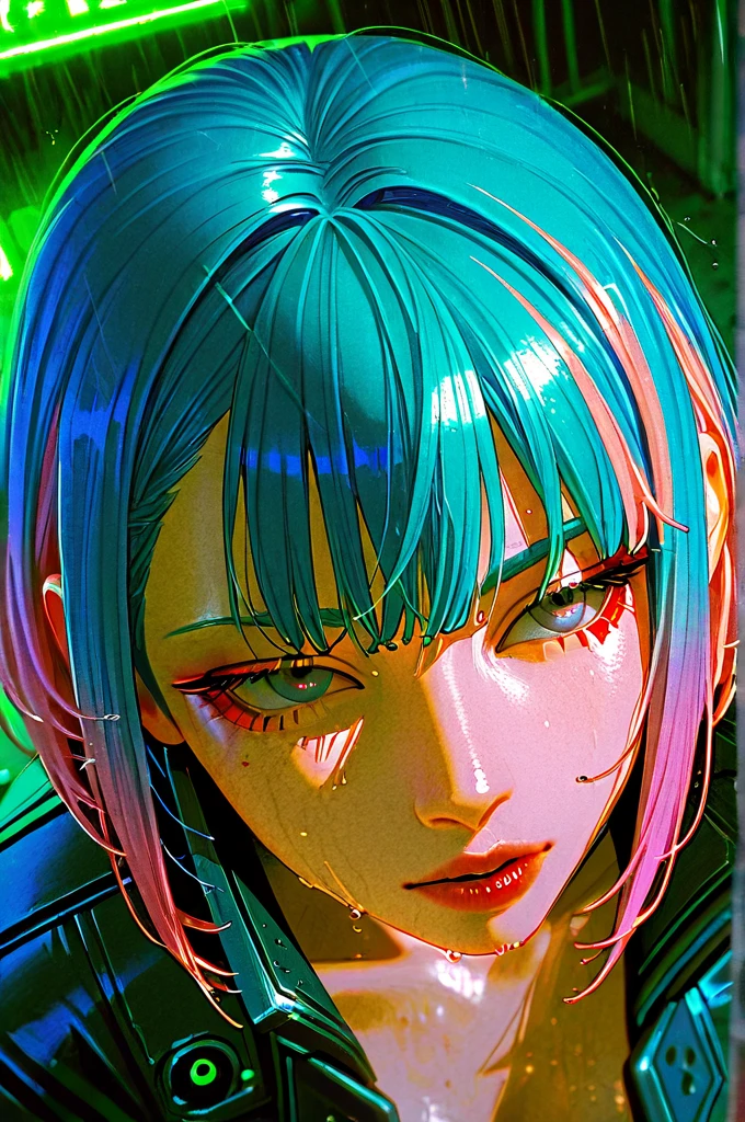  1 girl, 21 years old、bungs, blue hair,   color chip  , (Extreme close up on chest), Angle from Above, Grey Eyes,  and look at the camera,  Medium Hair, multi colored hair, parted bungs,  open lips, pink hair from 2nd floor, portrait, red eyeliner,  red lips, (cyberpunk jacket with open front), (cyberpunk dark club)、Seductive Poses、(best quality、Ultra High Definition、ULTRA VISUAL、8K)、seductive expression、 it's raining 、Ultra fine skin 、 Ultra Fine Face 、Ultra fine hair、studio light、glossy skin just before、skin all over the body wet in the rain、photorealistic、Cinematic design、slim figure、upward gaze、Watery eyes