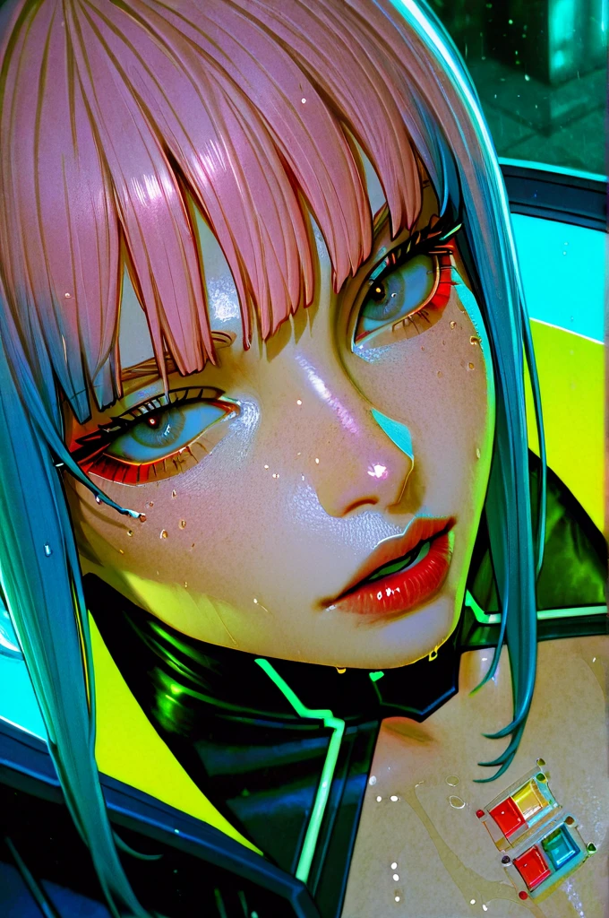  1 girl, 21 years old、bungs, blue hair,   color chip  , (Extreme close up on chest), Angle from Above, Grey Eyes,  and look at the camera,  Medium Hair, multi colored hair, parted bungs,  open lips, pink hair from 2nd floor, portrait, red eyeliner,  red lips, (cyberpunk jacket with open front), (cyberpunk dark club)、Seductive Poses、(best quality、Ultra High Definition、ULTRA VISUAL、8K)、seductive expression、 it's raining 、Ultra fine skin 、 Ultra Fine Face 、Ultra fine hair、studio light、glossy skin just before、skin all over the body wet in the rain、photorealistic、Cinematic design、slim figure、upward gaze、Watery eyes