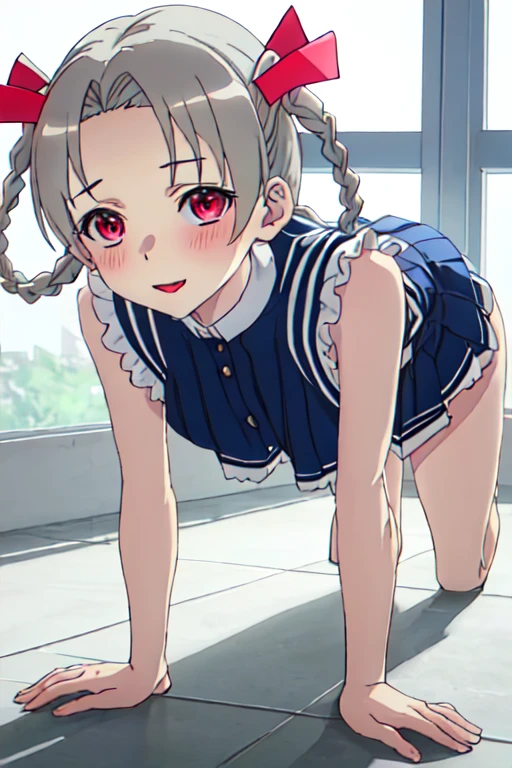1 girl, minamoto_shizuka, bangs, ((((short twin tail)), schoolchildren, pink tops, pink skirts, white socks, white panties, smile, blush, full body, (((looking up from below)))), miniature city, crowd, ((20m tall giant girl))))