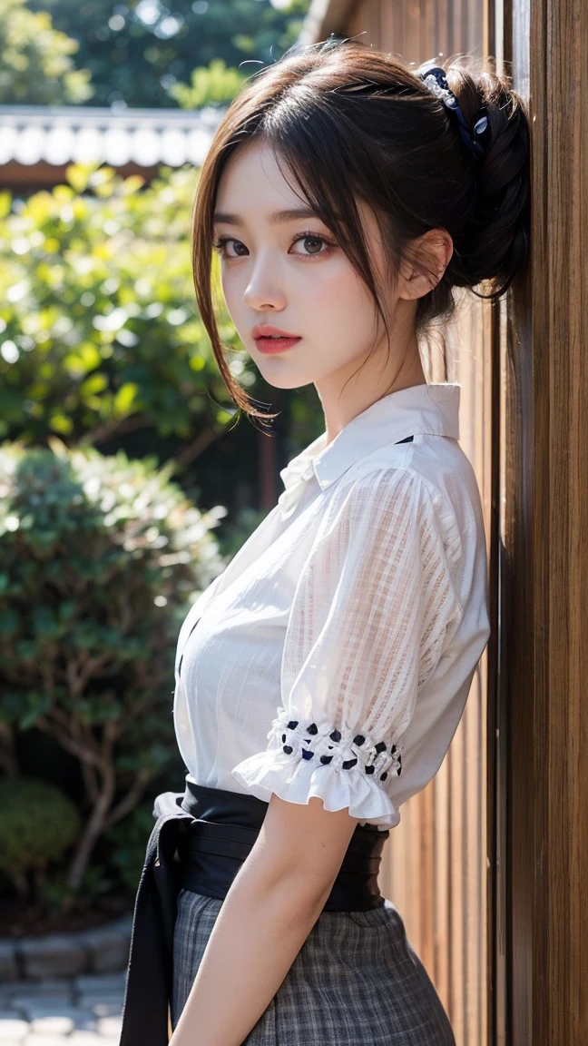 Neat and clean schoolgirl、(Schoolgirl Uniform、Loose and large shirt、shirt wet、The shirt was wet and、、、、、、、、、、、are see-through、Sheer white shirt、Navy blue ribbon at the collar、School Uniform Blazer、Dark blue pleated micro mini)、Outside the field、(Slimed)、Photorealsitic、detaileds, Skin Texture, ultra-detailliert、Delicate and sexy collarbone、Super Detailed Face、Detailed lips、A detailed eye、二重まぶた、tiny chest、Smaller chest、small tit、Small、flat breast、Chest emphasis、((Very embarrassed look、Red cheeks、Lift the hem of the skirt yourself,、Show the camera your white panties))、Low Sidy Tail Hairstyles、Very black and tanned skin
