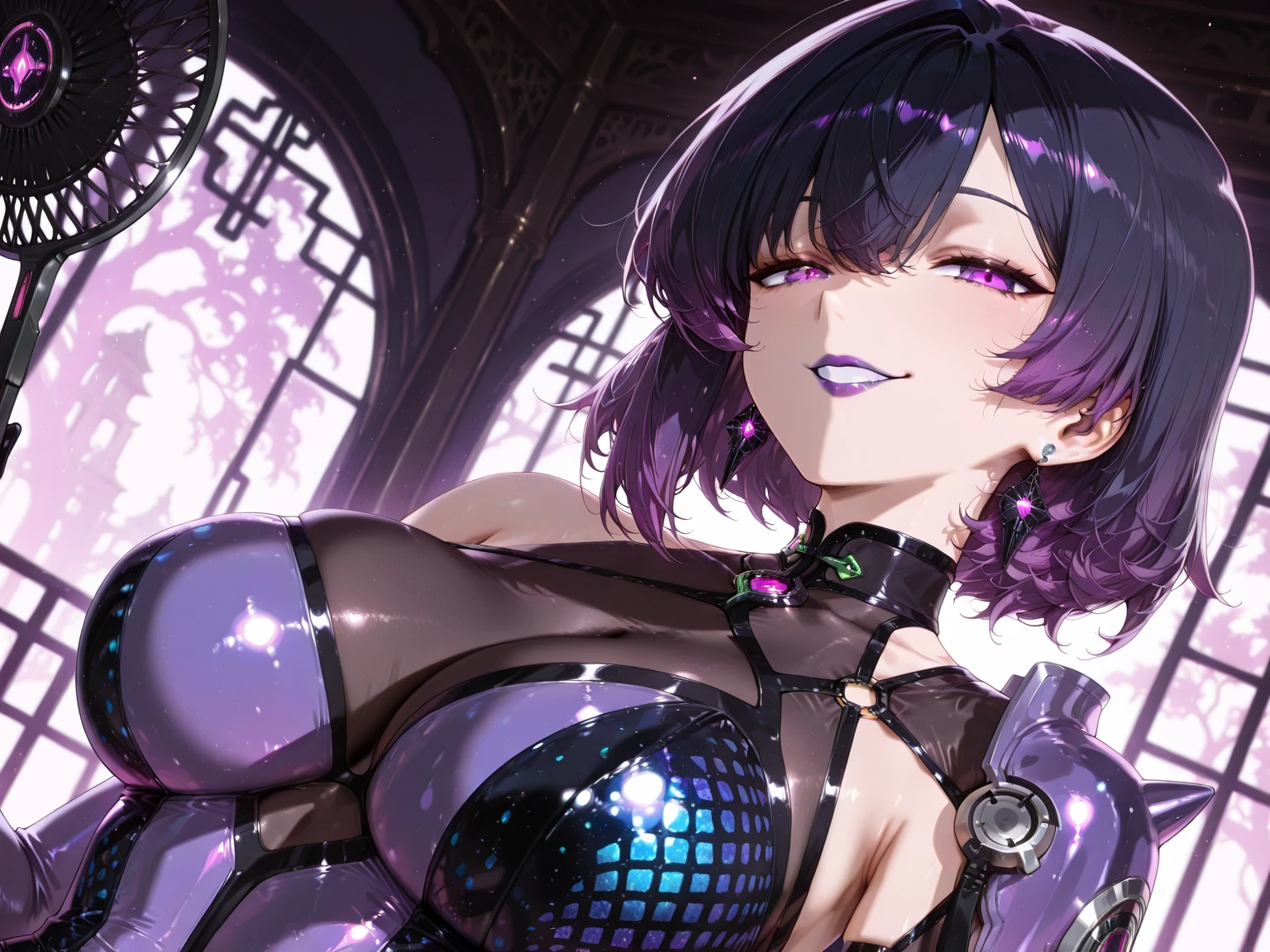 Anime girl,dark iridescent hair, iridescent eyes,hour glass body figure, fantasy attire,detailed hair, detailed face,best quality, high resolution, 8k