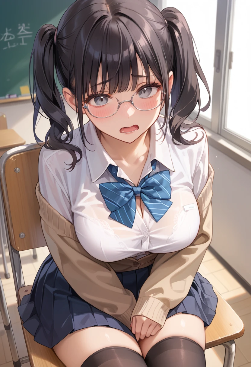 best quality, ultra-detailed, an extremely delicate and beautiful 1girl, solo, looking at viewer, large breasts,
hanekawa tsubasa, long hair, black hair, hair ornament, (purple eyes:1.1), braid, hairclip, twin braids, glasses,
skirt, , naoetsu high , shool, classroom,
BREAK
, disappointed, pov,1 boy, penis, breasts blowjob, paizuri, penis is between breasts, penis in breasts, breast squeeze,glasses,cum in mouth, facial,bukkake, spoken heart