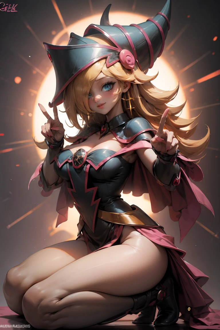 (masterpiece:1.2), (The best quality:1.2), perfect lighting, Dark Magician Girl casting a spell, floating in the air, big tits, neckline, magic background. Transparent hearts in the air, blue robe, big hat, from above, Sparkles, Yugioh Card in the background. In heels and with jeans