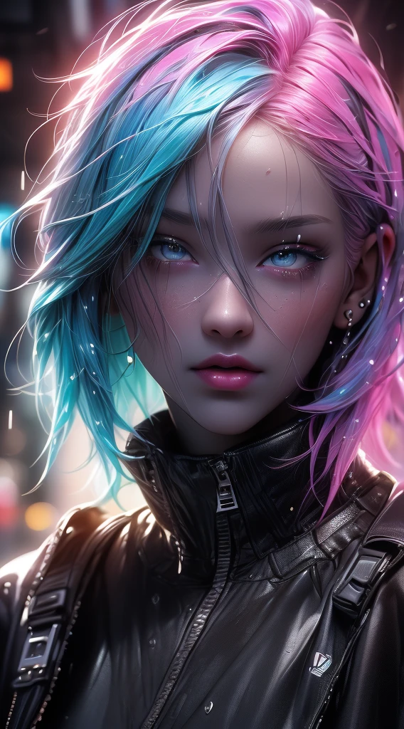 (8k, RAW photo, best quality, masterpiece:1.2), (realistic, photo-realistic:1.37), ultra high res, ultra-detailed, girl, professional lighting, photon mapping, radiosity, physically-based rendering, beautiful detailed eyes, symmetrical eyes, detailed eyebrows, light on face, looking at viewer, ((blue hair | pink hair)), ((night sky))