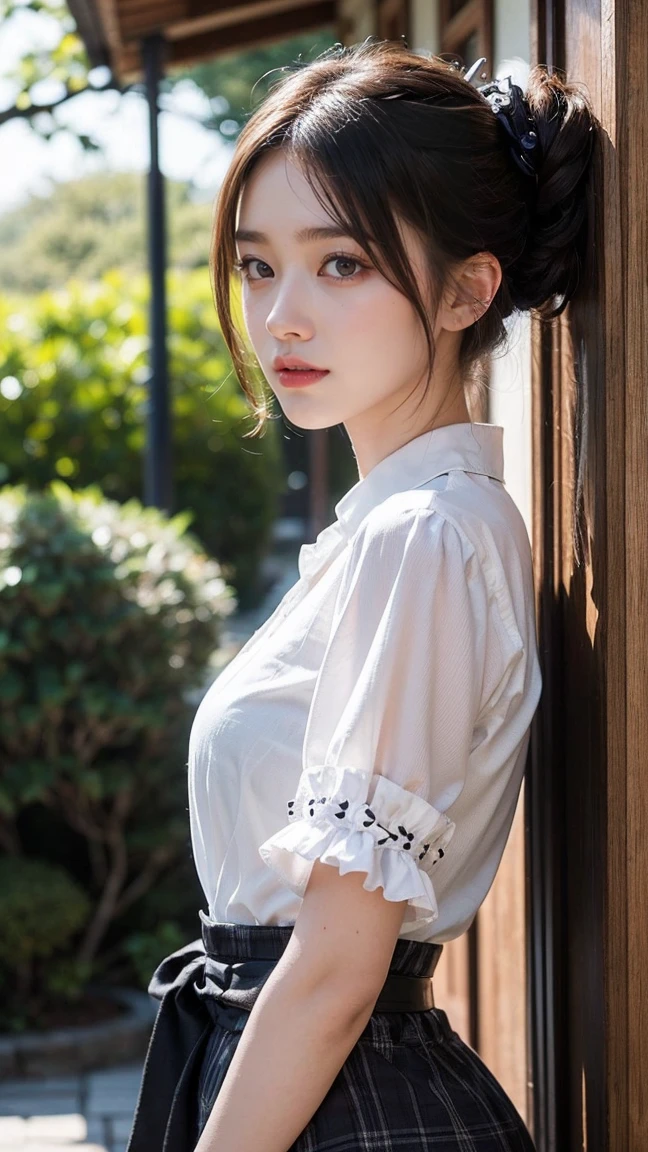 (masterpiece, highest quality, RAW photo, realistic:1.2), 1 girl, look away, sad, beautiful girl, cute, delicate girl, hair up, written boundary depth, High resolution, Super detailed, detailed, 非常にdetailedな目と顔, realistic student, sharp focus, cinematic lighting, Upper body, bangs, silk shirt,