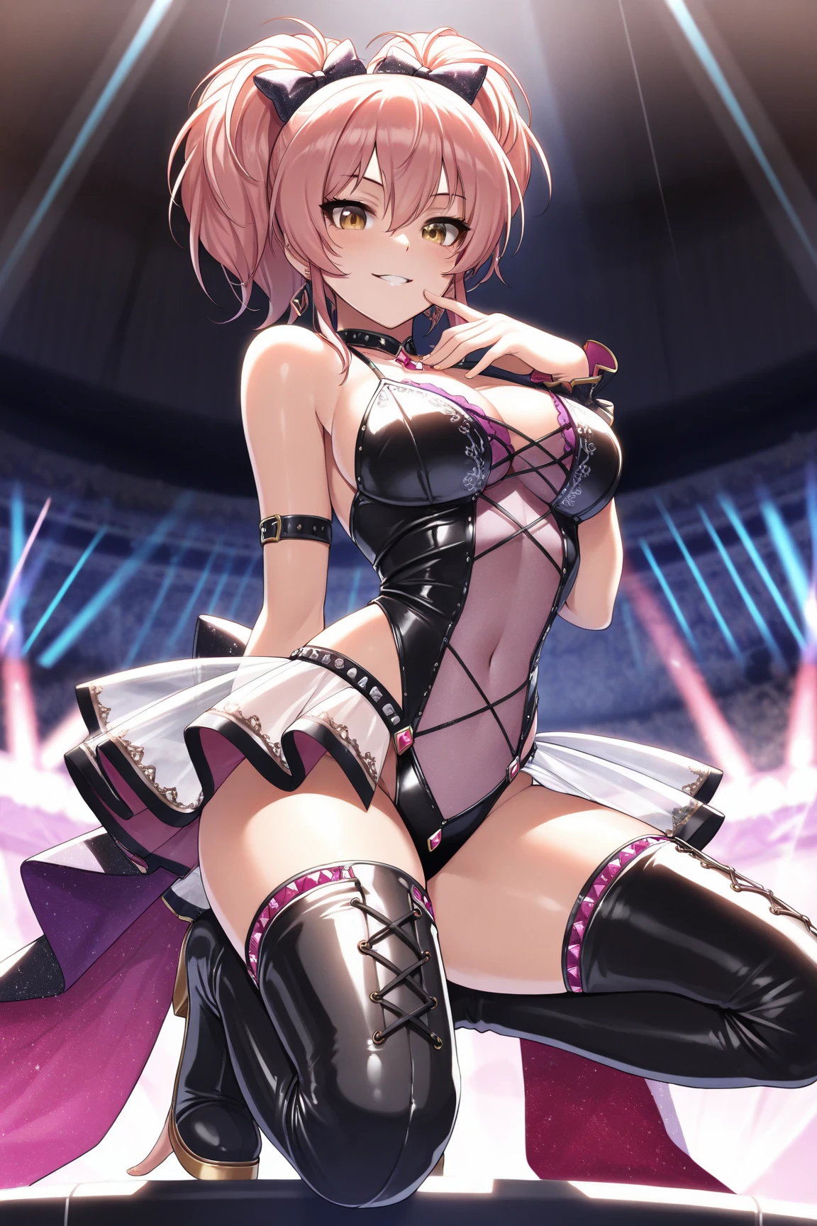 、Knee-high socks、Long gloves、garter belt、Cartoon close-up of a woman with pink hair,  tits, Sexy pubic pose gesture, Shiny pink armor, Anime girl crouching, Anime Goddess, , Beautiful Anime girl crouching,  High heels、Sexy